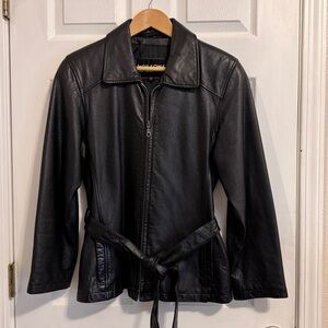 Wilson's Leather Womens Black Leather Coat Belted waist size Medium